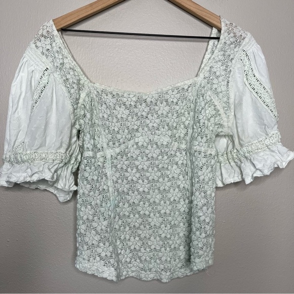 Free People Women Top Medium Pastel Green Spring Fling Floral Crochet Sweetheart - Picture 1 of 8